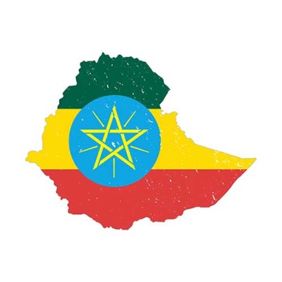 Die Umrisse Äthiopiens sind in den Farben Grün, Gelb und Rot der Landesflagge gefüllt, mit einem blauen Kreis und gelbem Stern.