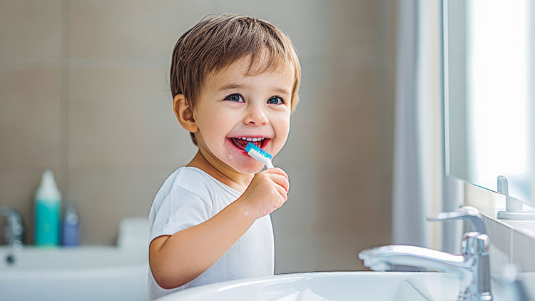 Kind mit weißem T-Shirt hält eine Zahnbürste vor einem Badezimmerspiegel, Spender und Flasche stehen im Hintergrund.