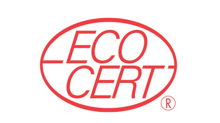 Rotes Logo mit der Aufschrift ECOCERT in Großbuchstaben, umrahmt von einem ovalen Kreis und einem kleinen eingetragenen Warenzeichen.